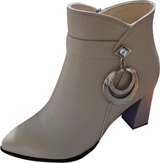 Generic Beige Women Casual Ankle Boots with Pointed Toe and Metal Ring Accent Thick Heel Construction for Enhanced Comfort and Height Boost Ideal for Cold Wea