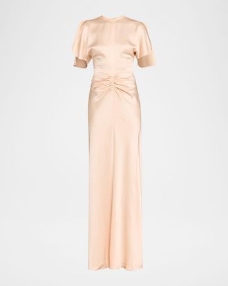 Victoria Beckham Gathered Waist Flutter-Sleeve Satin Gown