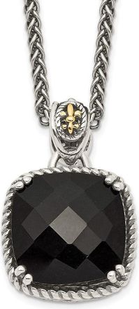 Diamond2Deal Sterling Silver with 14K Accent Checkerboard-cut Black Onyx Pendant Necklace