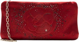 Chanel Satin Crystal Embellished Camellia Clutch On Chain (Authentic Pre- Loved)