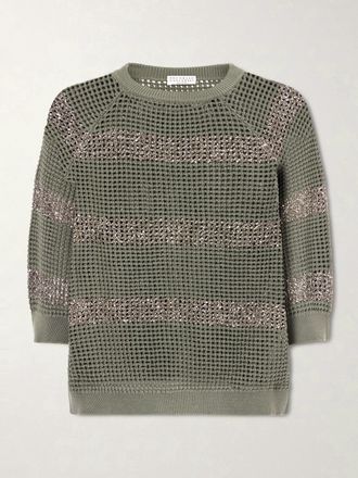 Brunello Cucinelli Pullover In Cotone Punto A Giorno A Righe Con Paillettes - Verde