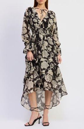En Saison Elisabet Ruffle Long Sleeve High-Low Maxi Dress in Black/Ivory at Nordstrom Rack, Size X-Small
