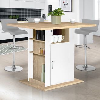 IDMarket Isla Central Ugo 110 Cm En Madera Blanca Y Imitaci&oacute;n Haya Con Armarios