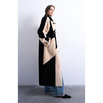 Topshop Patchwork Colorblock Faux Shearling Longline Coat in Black at Nordstrom Rack, Size Small