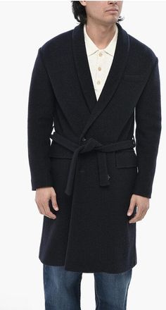 Paolo Pecora Virgin Wool Coat With Shawl Lapel And Belt size 48