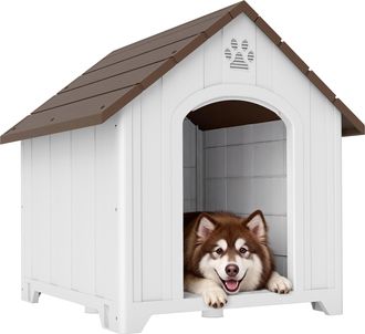 OEM Caseta Para Perros Exterior Casa Para Perros Extragrandes De Pl&aacute;stico Con 2 Ventanas Base Elevada Estacas Marr&oacute;n Oscuro