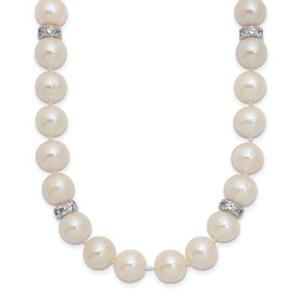 Diamond2Deal Sterling Silver 9mm Near-Round Cultured Pearl and Cubic Zirconia Necklace 18