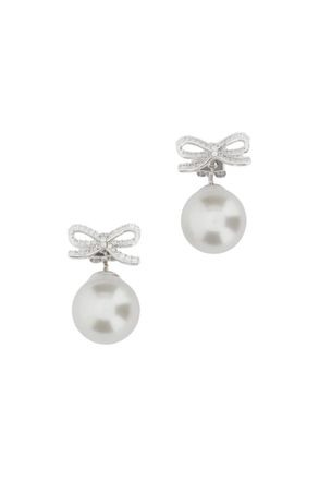 Self Portrait Silver Crystal Bow Pearl Earrings
