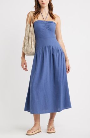 Treasure & Bond Halter Neck Drop Waist Linen Blend Maxi Dress in Blue Indigo at Nordstrom, Size Xx-Large
