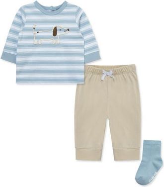 Little Me Puppy Long Sleeve T-Shirt, Joggers & Socks Set in Blue/tan at Nordstrom, Size 3M