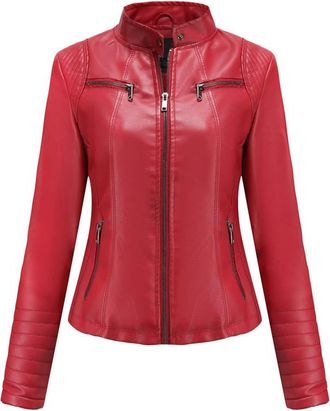 Dissa Womens Red Faux Leather Biker Jacket Short PU Moto Biker Outwear Fitted Zipper Jacket Stand Collar Spring and Autumn Coat,10,PN788