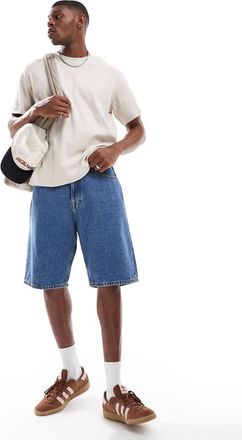 Jack & Jones Alex baggy denim shorts in mid blue
