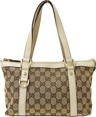 Gucci Gg Canvas Beige Brown White Gg Canvas Handbag Tote Bag (Pre-Owned)