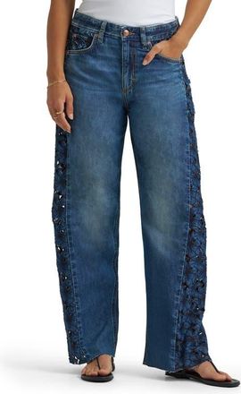 Lee Rider Embroidered Raw Hem Low Slung Barrel Jeans in Blue Royalty at Nordstrom, Size 25