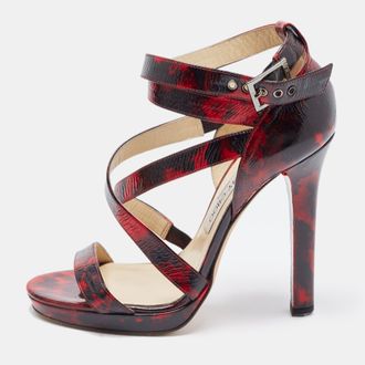 Jimmy Choo London Red/black Leather Criss Cross Ankle Strap Sandals