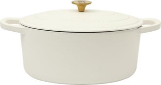Crock-pot Artisan 7 Quart Oval Enameled Cast Iron Dutch Oven in Linen with Gold Handle