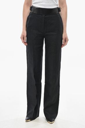 Ferragamo Pantaloni in Lino con Dettaglio in Pelle Salvatore Ferragamo