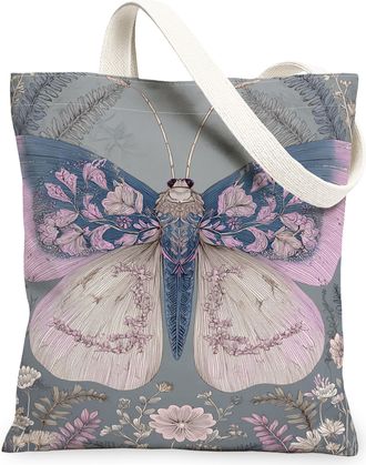 Generic Butterfly Floral Canvas Tote Bags, Elegant Vintage Design Reusable Grocery Bags, Lightweight Washable Shoulder Strap Canvas, Gray, 13x15 Inch