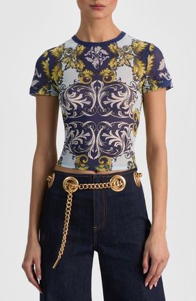 Alice & Olivia Tess Stretch Mesh Crop T-Shirt in Antique Scroll at Nordstrom, Size X-Small