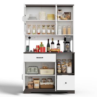 STILVORA Aparador De Cocina Con 4 Puertas, 3 Cajones, Estantes Ajustables, Led Y Enchufes, En Mdf, Natural Y Blanco, 105 &times; 40 &times; 185 Cm