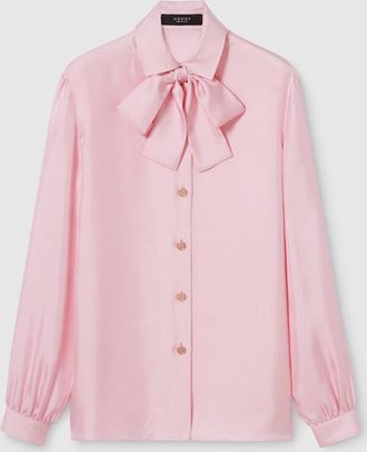 Gucci Silk Twill Shirt With Bow, Pink, Ready-to-wear