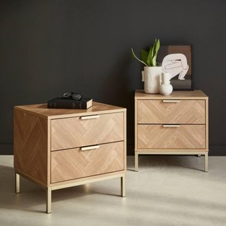 Sweeek Pair Of Herringbone Bedside Tables With 2 Drawers in Light Brown