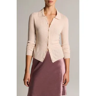 Vince Pointelle Knit Wool Collared Cardigan in Blush Cloud at Nordstrom, Size Xx-Small