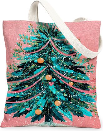 Generic Christmas Tree Canvas Tote Bags, Artistic Floral Pattern Reusable Grocery Bags, Vintage Lightweight Washable Shoulder Strap, Peach, 13x15 Inch