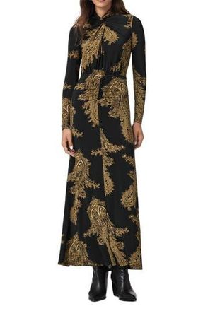 AllSaints Mina Twist Front Long Sleeve Maxi Dress in Ella Black at Nordstrom Rack, Size 0 Us / 4 Uk