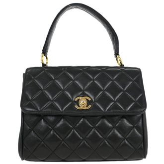 Chanel Vintage Classic Top Handle Flap Bag Quilted Lambskin Black Leather Handbag (Pre-Owned)