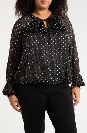 Adrianna Papell Polka Dot Tie Keyhole Long Sleeve Top in Black/Cream Dot at Nordstrom Rack, Size 1X