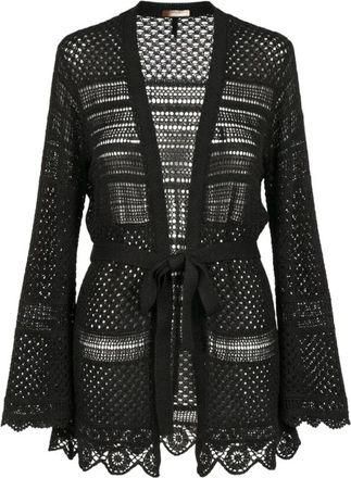Twinset Opengebreid Gehaakt Vest met Riem en Strass Applicaties - Dames - Vesten - Zwart - S - Truien & Vesten