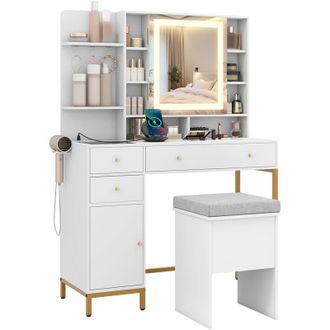 Costway Makeup Vanity Desk Dressing Table & Stool Set with Lighted Mirror-White