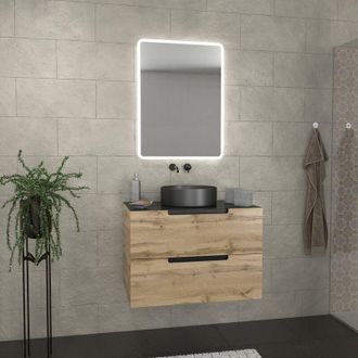 Aurlane Mueble de baño 80 cm 2 cajones - Roble y negro - Lavabo redondo - Espejo led - omega
