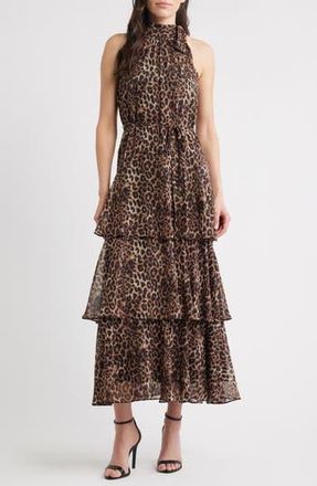Julia Jordan Leopard Print Tiered Maxi Dress in Brown Black at Nordstrom Rack, Size 2