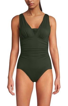 Lands End Slender Suit Grecian Low Leg One Piece Swimsuit in Deep Balsam at Nordstrom, Size 18