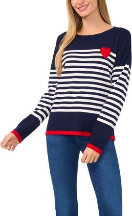 CeCe by Cynthia Steffe Sailor Stripe Heart Sweater in Classic Navy at Nordstrom, Size Xx-Small