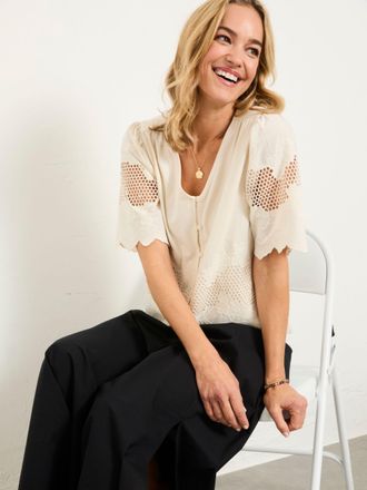 Fat Face FatFace Ivory Detail Short Sleeve Top