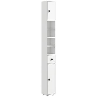 Kleankin Kleankin 180cm Tall Slim Bathroom Cabinet - Narrow Toilet Roll Storage with Open Shelves - 2 Door Cabinets - Adjustable Shelves - for Kitchen - Hallwa