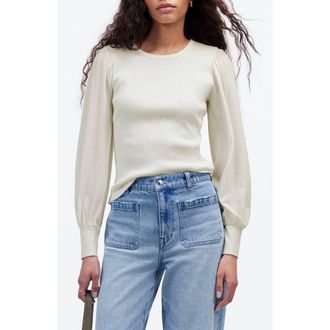 Madewell Puff Sleeve Rib Top in White at Nordstrom Rack, Size X-Large