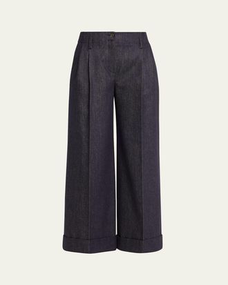 Michael Kors Pleated Cropped Wide-Leg Denim Pants