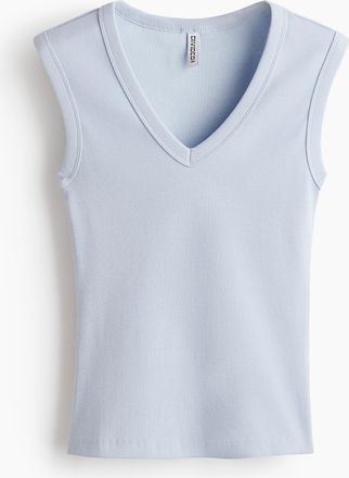 H&M Geripptes Tanktop mit V-Ausschnitt - Hellblau