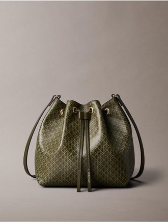 Calvin Klein Womens Emblem Logo Drawstring Bucket Bag - Green