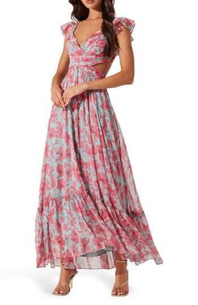 ASTR the Label Primrose Cutout Detail Maxi Dress in Pink Aqua Floral at Nordstrom Rack, Size Large