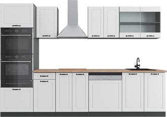 Vicco Mueble De Cocina R-line, Casa De Campo Blanca/antracita, 300 Cm Con Armario Alto, Et Roble
