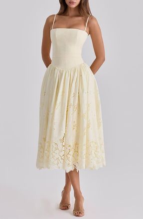 House of CB Ysabella Lace Skirt Stretch Cotton Cocktail Dress in Lemon at Nordstrom, Size Small
