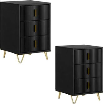 SoBuy Set of 2 Bedside Table 3 Drawer - Nightstand Ribbed Front & Gold Legs - H63cm in Black