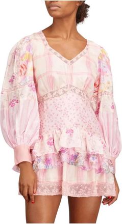 LoveShackFancy Zijden Patchwork Mini Jurk - Dames - Korte kleedjes - Roze - M - Kleedjes