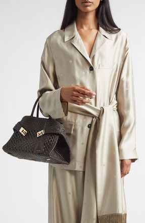 Ferragamo Gancini Jacquard Silk Jacket with Fringe Sash in Safari at Nordstrom, Size 4 Us