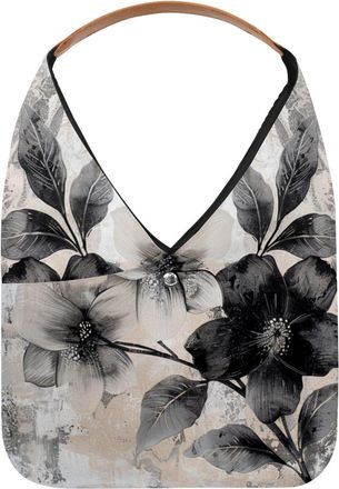 Generic Black Print Flower on Gray Background (1) Reusable Lightweight Grocery Bags - Foldable Into Compact Pouch, Washable & Sturdy, Multipurpose for Shoppin